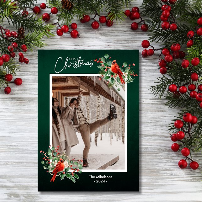 Green Holly Berries Merry Christmas Photo Holiday Card (Creator Uploaded)