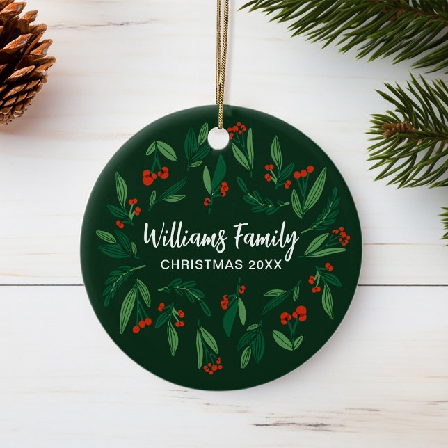 Green Holly Berry Personalized 2025 Christmas Ceramic Ornament (Creator Uploaded)