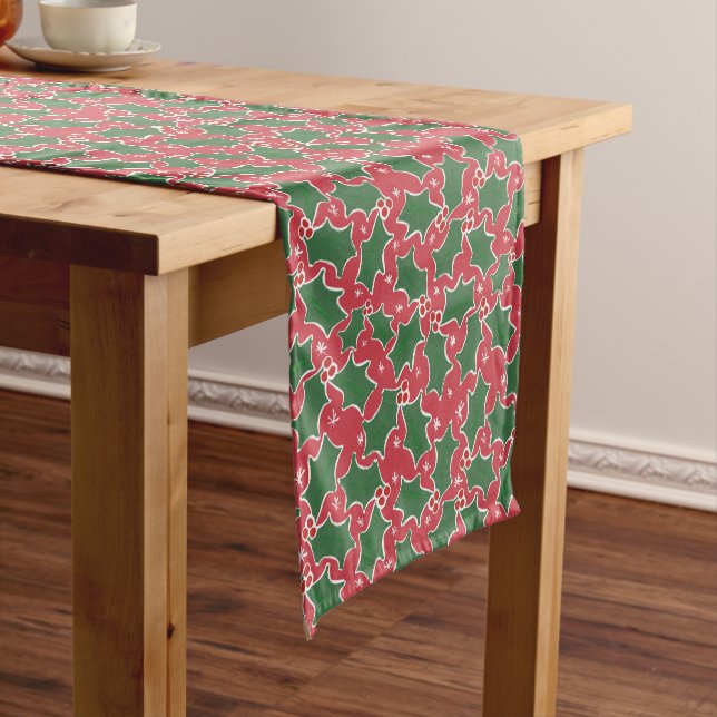 Green Holly botanical Modern Red Christmas Short Table Runner (In Situ)