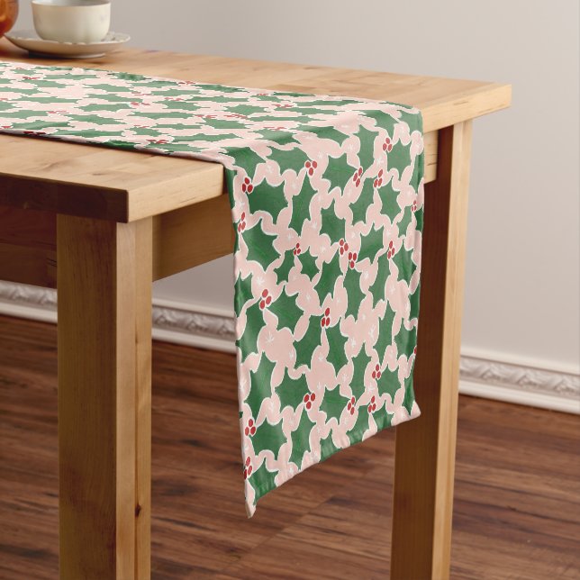 Green Holly botanical Modern Red Christmas Short Table Runner (In Situ)