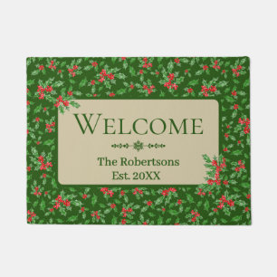 Green holly family last name custom welcome doormat