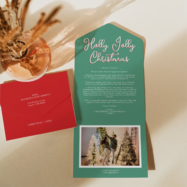 Green Holly Jolly Christmas Four Photo Family News All In One Invitation (Creator Uploaded)