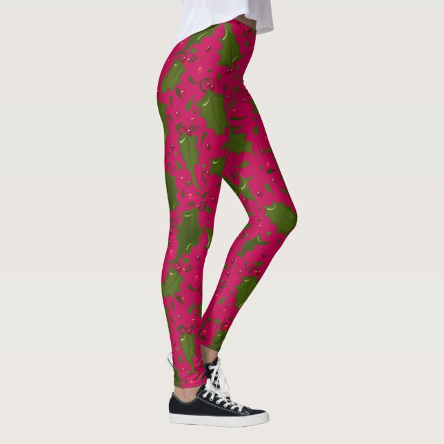Green Holly Leaves and Berries on Pink Leggings (Right)