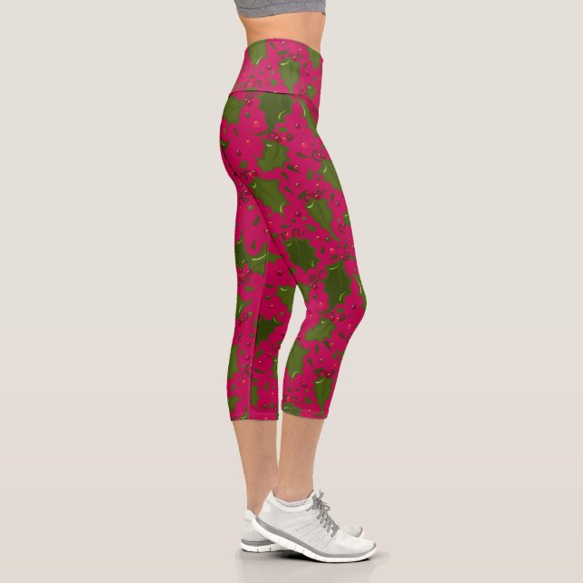 Green Holly Leaves on Pink Holiday Cute Capri Leggings (Right)