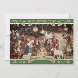 Green Holly Nativity Scene Christian Christmas Holiday Card