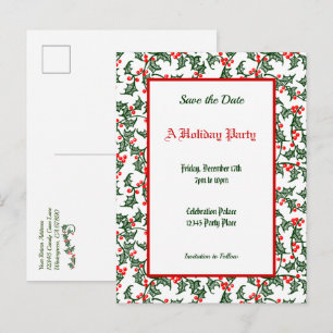 Green Holly Pattern Holiday Editable Save the Date Postcard