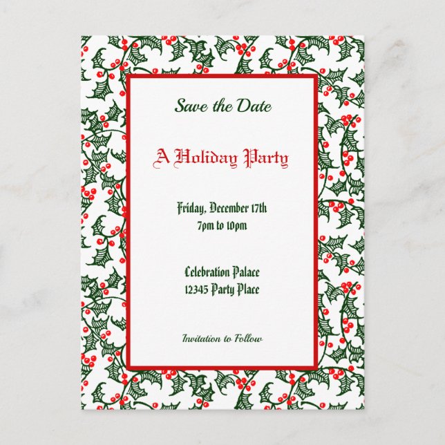 Green Holly Pattern Holiday Editable Save the Date Postcard (Front)