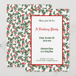 Green Holly Pattern Holiday Party Editable 5x7 Invitation