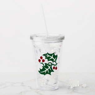 Green Holly Red Berries Christmas Holiday Theme Acrylic Tumbler