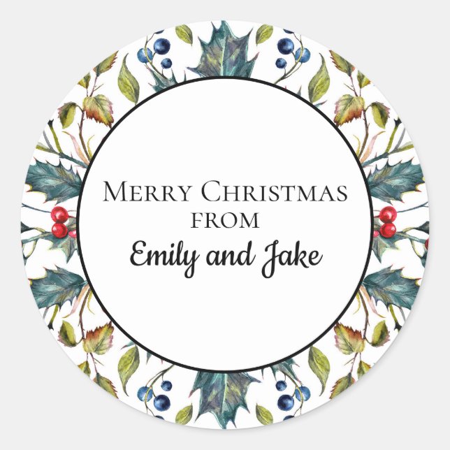 Green Holly Red Berries Custom Merry Christmas Classic Round Sticker (Front)