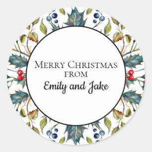 Green Holly Red Berries Custom Merry Christmas Classic Round Sticker