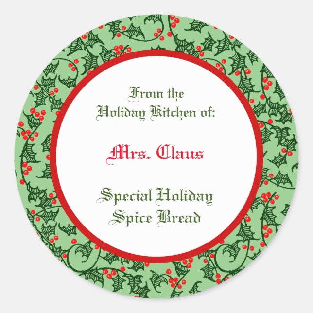 Green Holly with Red Berries Custom Baking Classic Round Sticker (Front)