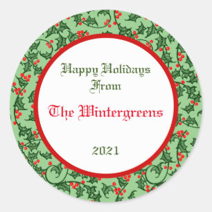 Green Holly with Red Berries Editable Gift Sticker