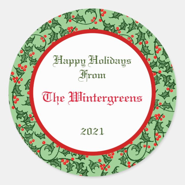 Green Holly with Red Berries Editable Gift Sticker (Front)