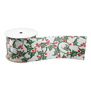 Green Holly with Red Berries Rustic Ribbon Satin Ribbon