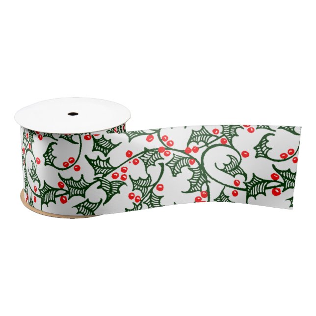 Green Holly with Red Berries Rustic Ribbon Satin Ribbon (Spool)