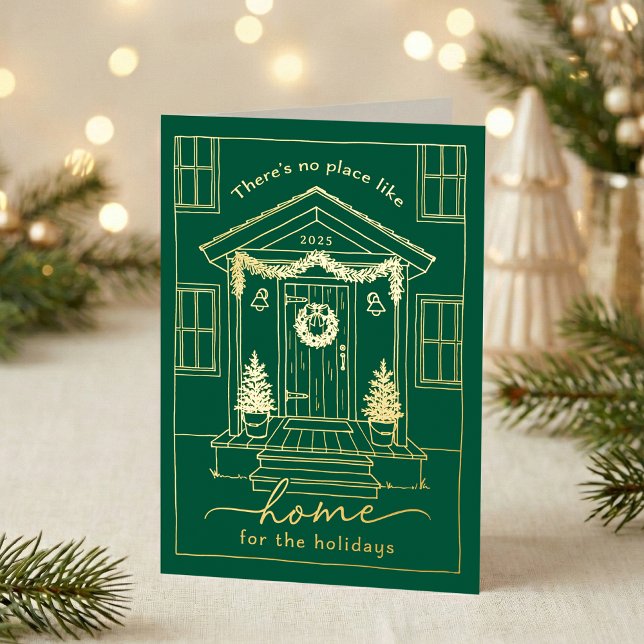 Green Home for the Holidays Realtor Christmas Gold Foil Holiday Card (Shown on a 5" x 7" folded card)