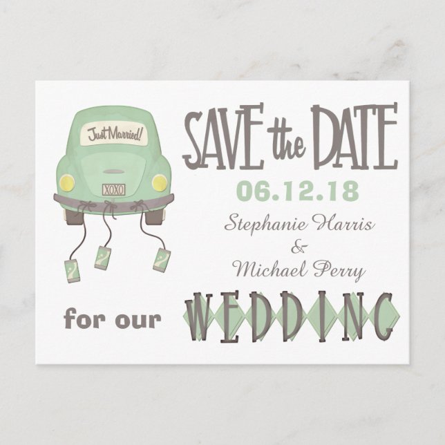 Green Honeymoon Car Save the Date Wedding Announcement Postcard (Front)
