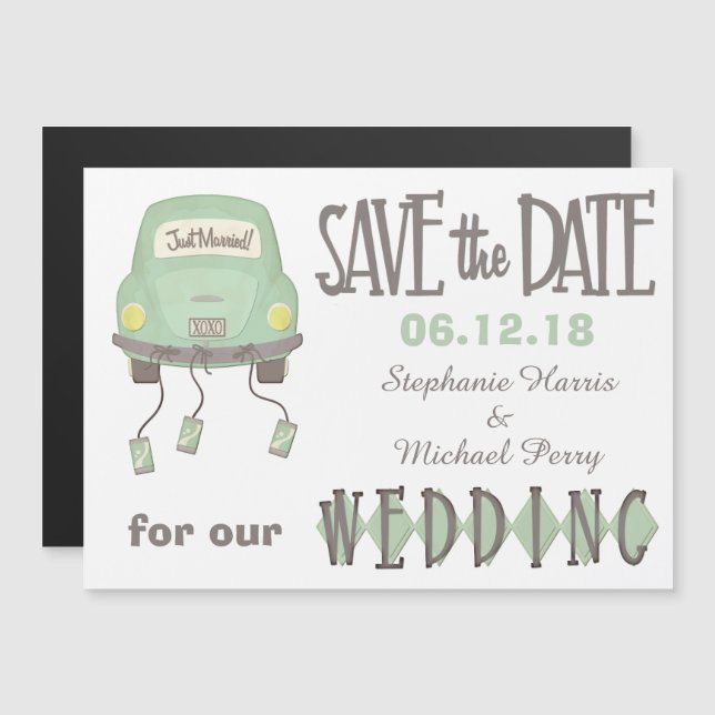 Green Honeymoon Car Save the Date Wedding Magnetic Invitation (Front/Back)