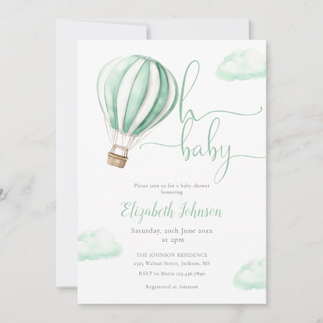 Green Hot Air Balloon All In One Baby Shower Invitation (Front)