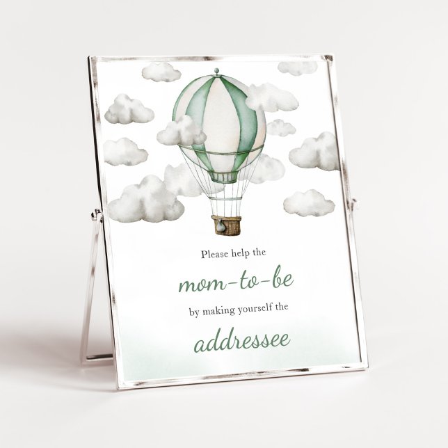 Green Hot Air Balloon Baby Shower Envelope Station Poster (Gender Neutral Travel Baby Shower Envelope Station Sign)