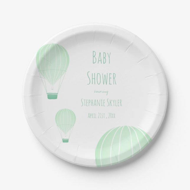 Green Hot Air Balloon | Baby Shower Paper Plate (Front)