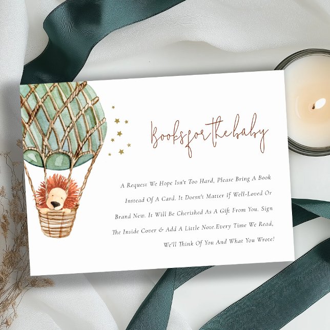 Green Hot Air Balloon Lion Books for Baby Shower Enclosure Card (Creator Uploaded)