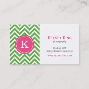 Green & Hot Pink Chevron Custom Monogram Business Card