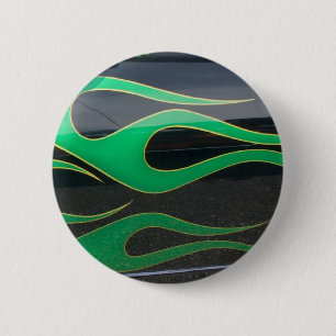 green hotrod flames on black 6 cm round badge