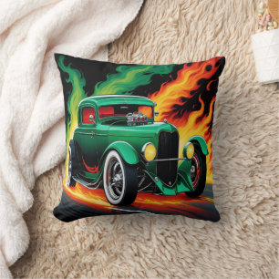 Green hotrod racing through fiery streets at night cushion
