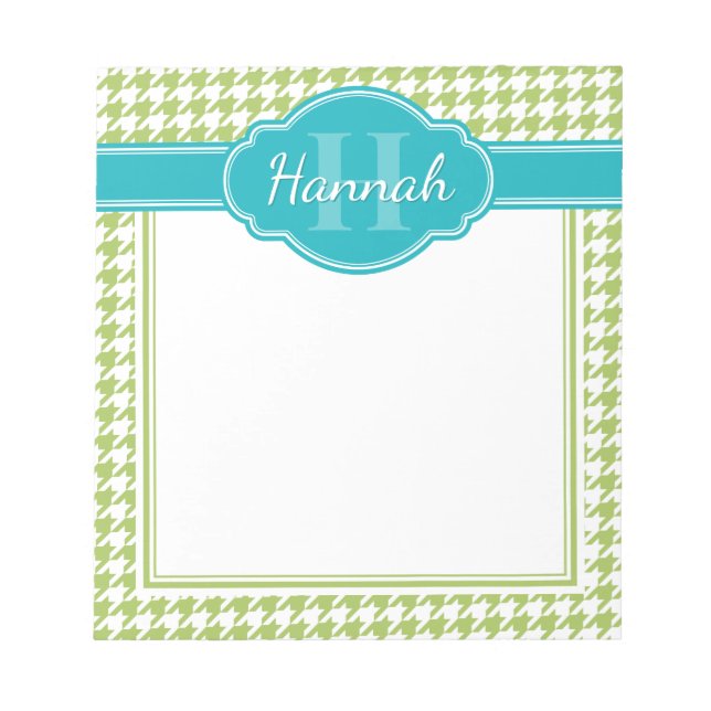 Green Houndstooth Pattern Teal Monogram Notepad (Front)