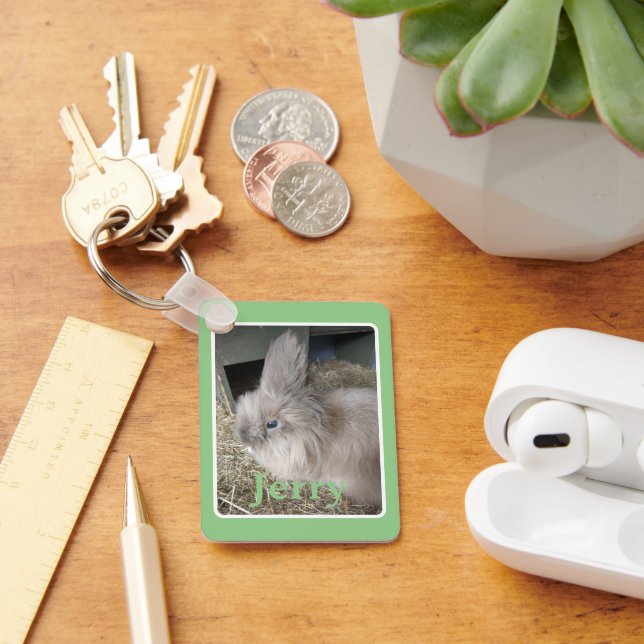 Green House Bunny Photograph Keepsake with Name Key Ring (Desk)