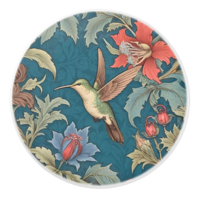 Green Hummingbird Bird William Morris style left Ceramic Knob (Front)