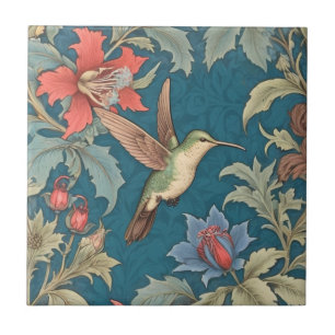 Green Hummingbird Bird William Morris style right Ceramic Tile