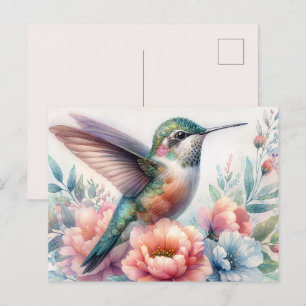 Green Hummingbird Floral Watercolor Postcard