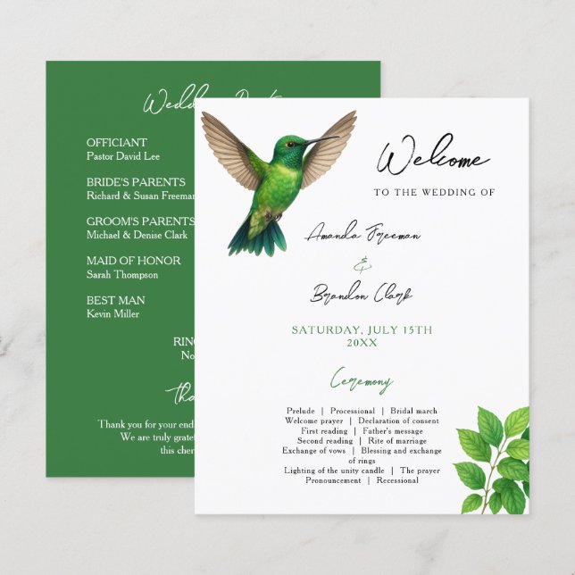 Green Hummingbird Leafy Botanical Border Wedding (Front/Back)
