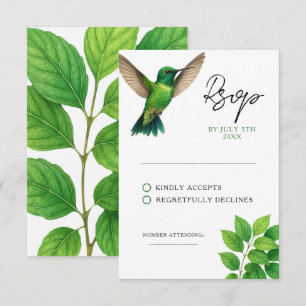 Green Hummingbird Leafy Botanical Border Wedding RSVP Card