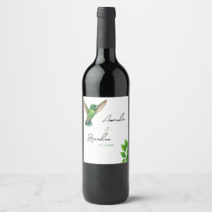 Green Hummingbird Leafy Botanical Border Wedding Wine Label