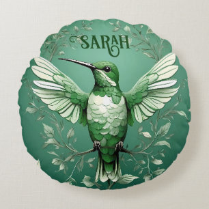 Green Hummingbird Personalised Name  Round Cushion