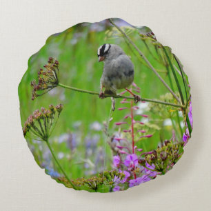 Green Hummingbird purple pink floral background Round Cushion