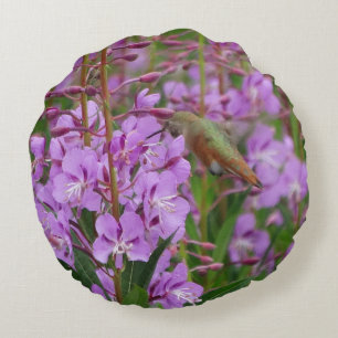 Green Hummingbird purple pink floral background Round Cushion