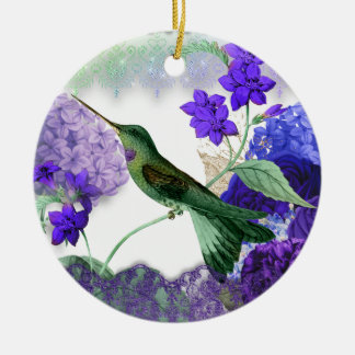 Green Hummingbird, Serenity Prayer, purple florals Ceramic Ornament