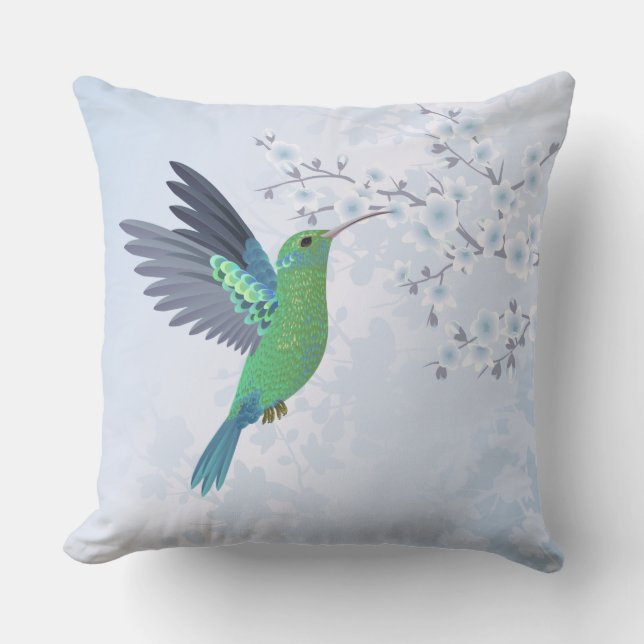 Green Hummingbird With Blue Cherry Blossom Cushion (Front)