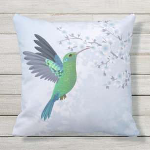 Green Hummingbird With Blue Cherry Blossom Cushion
