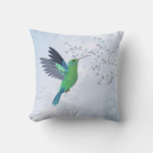 Green Hummingbird With Blue Cherry Blossom Cushion