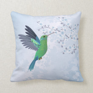 Green Hummingbird With Blue Cherry Blossom Cushion