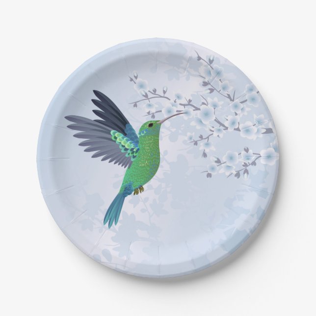 Green Hummingbird With Blue Cherry Blossom Paper Plate (Front)