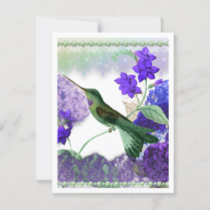 Green Hummingbird with flowers, lace, pearls Postcard