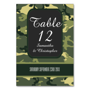 Green hunting or military camo wedding table number