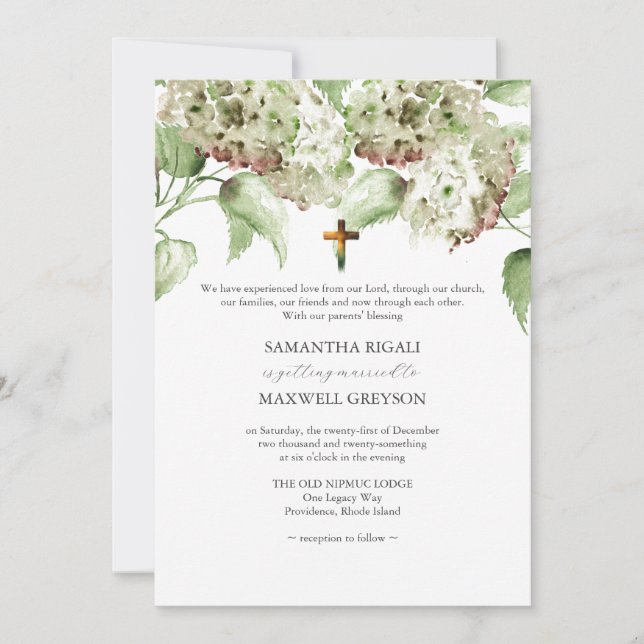 Green Hydrangea Christian Wedding Invitations (Front)